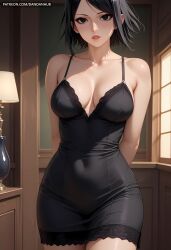 ai_generated arms_behind_back bangs bare_shoulders black_dress black_eyes black_hair boruto:_naruto_next_generations boruto:_two_blue_vortex breasts cleavage collarbone covered_navel cowboy_shot dandanhub dress female indoors lamp large_breasts lips looking_at_viewer naruto naruto_(series) naruto_shippuden parted_bangs parted_lips sarada_uchiha short_dress short_hair solo standing window