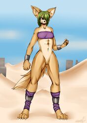 2017 abs alonwoof bare_sands bottomless canine casual_nudity claws clothed clothing female fennec fox fur green_hair hair kurothefox looking_at_viewer mammal melanie muscular outside purple_eyes pussy smile solo toe_claws training_weights video_games wraps