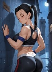 against_wall ai_generated black_hair closed_eyes dragon_ball facing_away hand_on_wall raining sportswear tagme twintails videl wet