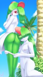 2017 2girls anthro areolae ass blush breasts clothing duo female galaxyoron green_hair hair humanoid kirlia multiple_girls nintendo nipples open_mouth panties pokemon pokemon_(species) pokemon_rse pussy ralts red_eyes semi_incest sibling sister smile text underwear video_games