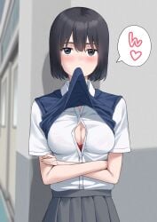 black_hair blue_sweater_vest bob_cut bra breasts cleavage collared_shirt crossed_arms door female grey_skirt heart highres indoors kiona_(giraffe_kiona) large_breasts lifting_own_clothes looking_at_viewer originalabsurdres red_bra school_uniform shirt short_hair short_sleeves skirt solo speech_bubble spoken_heart sweater_vest sweater_vest_lift translation_request underwear white_shirt