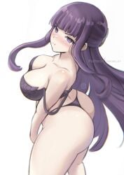 absurdres artist_name ass blush bra bra_strap breasts chascoby closed_mouth collarbone eyebrows_hidden_by_hair eyes_visible_through_hair female fern_(sousou_no_frieren) half_updo highres large_breasts long_hair looking_at_viewer panties patreon_logo patreon_username pout purple_bra purple_eyes purple_hair purple_panties solo sousou_no_frieren standing thighs underwear very_long_hair