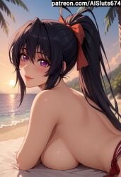 ai_generated ai_sluts akeno_himejima beach bikini demon_girl high_school_dxd huge_breasts looking_at_viewer purple_eyes sideboob solo solo_female sunset