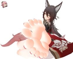 animal_ear_fluff animal_ears brown_hair feet female foot_fetish fox_ears fox_girl fugue_(honkai:_star_rail) genshin_impact green_eyes hair_between_eyes honkai:_star_rail honkai_(series) kitsune pink_hair purple_eyes tagme tingyun_(honkai:_star_rail) white_background yae_miko