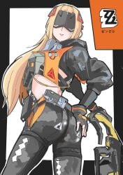 1girls ass big_ass blonde_hair bubble_butt dat_ass fat_ass female female_only gun hand_on_ass hand_on_own_ass huge_ass large_ass looking_at_viewer looking_back miya_zirou rifle solo thick_ass thick_thighs trigger_(zenless_zone_zero) visor weapon wide_hips zenless_zone_zero