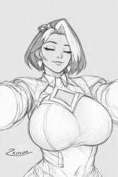 1girls 2d 2d_(artwork) ai_generated blizzard_entertainment breasts closed_eyes domina female female_only huge_breasts human human_only milf overwatch questionable reaching_towards_viewer sfw simple_background sketch smiling solo solo_female zkitsuna