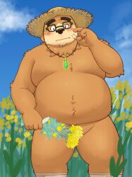 2025 absurd_res anthro balls barely_visible_balls barely_visible_genitalia bear belly blush brown_body brown_fur clothing flower fur genitals hat headgear headwear hi_res kemono lifewonders male mammal overweight overweight_male plant solo straw_hat tokyo_afterschool_summoners volos_(tas) yaki_atsuage