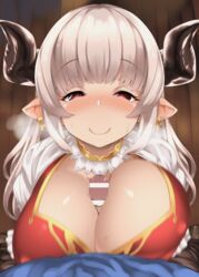 1boy 1girls alicia_(granblue_fantasy) bangs bar_censor batsu_(batuact3) blush breast_squeeze breasts brown_eyes censored closed_mouth cross cross_earrings doraf ear_blush earrings erect_nipples eyebrows_visible_through_hair female gloves gran_(granblue_fantasy) granblue_fantasy half-closed_eyes heavy_breathing horns jewelry large_breasts light-skinned_female light-skinned_male light_skin long_hair looking_at_viewer looking_up male_pov motion_blur paizuri paizuri_under_clothes penis pointy_ears pov silver_hair smile solo_focus straight upper_body white_gloves