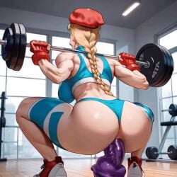 ai_generated anal anal_sex animated ass ass_focus big_ass blonde_hair cammy_white dildo dildo_in_ass female female_focus female_only muscular_female squatting street_fighter street_fighter_6 wan2.1 weightlifting