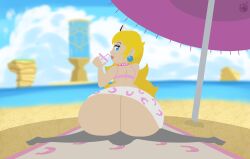 1boy 1girls anon anonymous_male ass beach beach_towel beach_umbrella blonde_female blonde_hair bra bubble_butt cheesyboy888 drinking facesitting fat_ass female grinding grinding_on_face huge_ass large_ass long_hair male mario_(series) nintendo princess_peach super_mario_odyssey under_shade