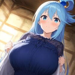 1female 1girls 1woman ai_assisted ai_generated anime_style aqua_(konosuba) big_breasts blue_eyes blue_hair breast breasts breasts_focus female female_focus female_only focus hair_between_eyes hair_ornament hi_res konosuba large_breasts long_hair looking_at_viewer plusmolfa solo woman_only