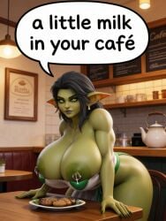 3d ai_generated apron big_ass big_breasts bimbo black_hair cake cave coffee cute_face cute_female fantasy fellatio female goblin goblin_female gothic_makeup green_eyes green_skin green_skinned_female heat milk mischievous orgie pointed_ear ravenomega sex_group sexy_body sexy_woman solo_female sweating_body text voluptuous_body