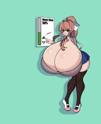 1girls 2023 attribute_slider bent_over big_breasts blazer blue_skirt breast_expansion breast_slider breasts_bigger_than_head breasts_bigger_than_torso brown_hair cleavage color doki_doki_literature_club female female_only green_eyes hi_res high_resolution highres human human_only looking_at_viewer monika_(doki_doki_literature_club) pleated_skirt ponytail sequence simple_background slider smile smiling smiling_at_viewer solo solo_female thick_thighs thighhighs white_bow wide_hips