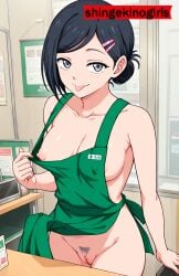 ai_generated anime apron apron_aside apron_only black_hair breasts breasts_out female grey_eyes naked_apron nipples pubic_hair pussy sakamoto_aoi sakamoto_days shingekinogirls tongue tongue_out
