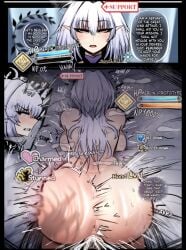 anus ass ass_ripple breasts cum cum_in_pussy dark-skinned_male dark_skin doggy_style ejaculation english_commentary english_text fate/grand_order fate_(series) female gameplay_mechanics grey_hair health_bar highres interracial kinkylingky large_breasts long_hair merlin_(fate/prototype) pointy_ears pov pussy red_eyes rolling_eyes sex sex_from_behind solo_focus spanked vaginal_penetration very_dark_skin