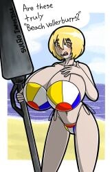 beach beach_ball big_breasts bra breasts commission commission_art cubedmans dialogue don_quixote_(limbus_company) female female_focus female_only limbus_company nervous nervous_expression panties peach_body project_moon spear yellow_hair