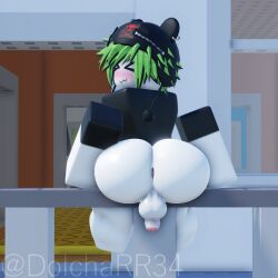 1boy 3d anus anus_peek ass ass avery_(dolcha) balls beanie big_ass big_butt big_thighs black_shirt bottomless bubble_ass bubble_butt dolcha femboy femboy_only feminine_male girly green_hair large_ass large_butt looking_at_viewer looking_back looking_back_at_viewer male male_focus male_only outside penis precum precum_drip public public_nudity roblox robloxian sitting sitting_on_railing tagme thick_thighs