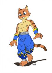 anthro barefoot clothed clothing feline flat_colors front_view fur harem_pants kay_(legend_of_kay) legend_of_kay looking_down male male_only mammal nipples pecs slim solo sweat tenting thedirtyshark walking wet_spot whiskers wide_eyed