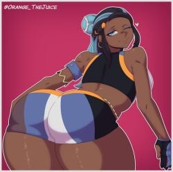 1girls armband armwear ass bending_over big_ass black_hair blue_eyes blue_eyeshadow bottomwear bracelet breasts ear_piercing earrings eyeshadow female female_only game_freak gym_uniform hair heart long_hair looking_back nessa_(pokemon) one_eye_closed orange_thejuice pokemon pokemon_ss shorts smile solo solo_female thick_thighs thighs topwear white_shorts wink winking