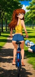 2girls ai_generated asuka_langley_sohryu barefoot beaten blue_eyes blue_hair bruise bullying clothed crossed_feet crossed_legs crying denim_shorts feet femdom grass happy happy_dom happy_girl humiliated humiliating humiliation long_hair loser medium_breasts neon_genesis_evangelion orange_hair outside park red_eyes rei_ayanami short_hair short_shorts slap_mark smile smiling soles soles_fetish tears teenage_girl toes tsundere winner writing yellow_tank_top bicycle riding riding_bicycle looking_at_viewer looking_back