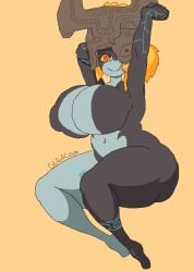 imp_midna midna gigantic_breasts nintendo the_legend_of_zelda bigass toned_body tattoos tattoo_on_chest elf_ears helmet shortstack short_hair colored_skin fantasy video_games digital_media_(artwork) female_only red_eyes curvy voluptuous
