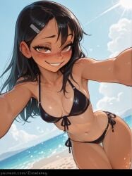 1girl ai_generated artist_name ass_visible_through_thighs beach bikini black_bikini black_hair blue_sky blush brown_eyes cloud collarbone daylight droplets dutch_angle ear_piercing earclip fang freckles front_tie_bikini_top front_tie_top grin hair_ornament hairclip halterneck hayase_nagatoro hi_res high_quality high_resolution highres long_hair looking_at_viewer medium_breasts navel ocean one_piece_tan outdoors outstretched_arms patreon_username piercing please_don't_bully_me,_nagatoro please_don't_bully_me_nagatoro shiny_hair shiny_skin side_tie_bikini_bottom sky small_breasts smile solo string_bikini swimsuit tan tanlines tanned thigh_gap water wet zimalarey