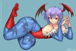 1girls arm_covers ass ass_bigger_than_head blue_tights capcom darkstalkers detached_sleeves female female_focus female_only flat_chest flat_chested fully_clothed grin high_leg_leotard lavender_hair leotard lilith_aensland looking_at_viewer pantyhose purple_hair red_eyes red_leotard short_hair small_breasts smirk smirking_at_viewer strapless_leotard succubus tagme thick_thighs tights vampire_(game) vampire_savior videajames wings_on_head