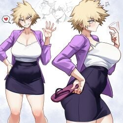 1girl absurdres anger_vein bakugou_katsuki bakugou_mitsuki black_skirt blonde_hair boku_no_hero_academia breasts but_you_can't_prove_it_(meme) cleavage hair_between_eyes heart highres holding holding_shoes holding_unworn_clothes jacket large_breasts looking_at_another looking_at_viewer mature_female meme mitsuki_bakugou mother_and_child mother_and_son multiple_views my_hero_academia open_clothes open_jacket parent_and_child purple_jacket red_eyes shoes short_hair skirt spanish_commentary spoken_heart unworn_shoes vlizz