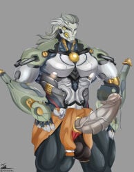 male male_only bara muscles muscular zenless_zone_zero banyue_(zenless_zone_zero) robot robot_humanoid robot_anthro machine humanoid long_hair lion lion_humanoid penis balls solo solo_male tmigson boner erection big_penis ridged_penis