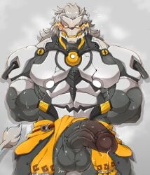 male male_only bara muscles muscular zenless_zone_zero banyue_(zenless_zone_zero) robot robot_humanoid robot_anthro machine humanoid long_hair lion lion_humanoid penis balls solo solo_male chobab_789 hands_behind_back boner erection big_penis big_balls sweat sweating
