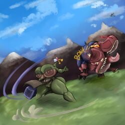 4_eyes absurd_res anjanath anthro big_breasts big_butt big_vulva breasts brute_wyvern butt capcom elemental_creature female flora_fauna flora_noko_(yaginoko) genitals grass green_body green_skin hammer hi_res huge_breasts lips long_neck monster_hunter multi_eye plant solo tail tools vulva yaginoko