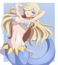 1girls absurd_res asaricurry belt big_breasts bikini blonde_hair blue_background blue_eyes blue_tail blush border bracelet breasts commission female female_only hair_over_one_eye hi_res isekai_maou_to_shoukan_shoujo_no_dorei_majutsu kodansha light_blue_background light_blush light_skin long_hair looking_at_viewer merfolk mermaid mermaid_fallen monster_girl navel one_eye_obstructed paid_reward_available pixiv_request ring shell shell_bikini simple_background solo white_background