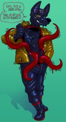a_guy_somewhere animate_inanimate anthro anubian_jackal anubis boots canid canine canis clothed clothing deity dripping ear_markings egyptian_mythology english_text eye_markings footwear fully_clothed hair hi_res jackal jacket latex latex_clothing latex_skinsuit living_clothing living_latex male mammal markings middle_eastern_mythology mythology question_mark shoes skinsuit slime smile speech_bubble stripes talking_to_viewer teeth tentacles text tight_clothing topwear