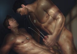 2boys abs balls ballsack bara blush body_hair brown_hair chris_redfield clenched_teeth closed_eyes cum cumshot dog_tags ejaculation erection facial_hair frottage gay gay_sex handjob human jacking_off jerking jerking_off lying male male/male male_masturbation male_nipples male_only male_pubic_hair muscles muscular_male mutual_handjob nude_male orgasm orgasm_face pecs penguin_frontier penile_masturbation penis penis_grab penises_touching piers_nivans resident_evil scrotum smooth_skinned_male stroking stroking_cock stroking_penis sweat testicles uncensored wince