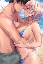 1boy 1girl absurdres beach bikini black_hair blonde_hair blue_bikini breasts bulge character_request copyright_request from_side hetero highres hug large_breasts male_swimwear outdoors pondeomaru precum profile saliva saliva_trail sand short_hair swim_trunks swimsuit water wet