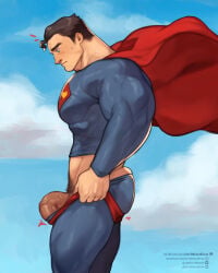 1boy absurdres ass bara black_hair blue_eyes cape clark_kent closed_mouth commentary dc_comics english_commentary from_side highres i've_never_seen_a_guy_recreate_this_successfully_tbh_(meme) jimsdaydreams male_focus male_pubic_hair meme muscular muscular_arms muscular_male penis pubic_hair red_cape short_hair sky solo superman superman_(series) undersized_clothes variant_set veins