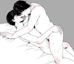 kamen_rider kamen_rider_ryuki_(series) jun_shibaura miyuki_tezuka 2boys male male_only male/male male_focus ambiguous_penetration gay yaoi black_and_white sketch necklace nude nude_male black_hair on_bed bed lying_on_back lying lying_on_bed on_back blush blushing blush_lines flushed flushed_skin necklace_only sweat sweatdrop sweating arms_around_partner hands_on_ass bodies_pressed_together pinning pinning_down grey_background open_mouth mouth_open smile