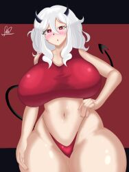 helltaker modeus_(helltaker) 1girls bottom_heavy bra breasts curvaceous curvaceous_body curvaceous_female curvy curvy_body curvy_female demon demon_girl demon_tail female looking_at_viewer memasquerade panties red_eyes short_hair solo solo_female solo_focus tail underwear white_hair heart-shaped_pupils heart
