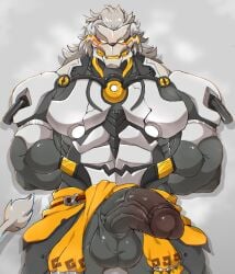 male male_only bara muscles muscular zenless_zone_zero banyue_(zenless_zone_zero) robot robot_humanoid robot_anthro machine humanoid long_hair lion lion_humanoid penis balls solo solo_male chobab_789 hands_behind_back boner erection big_penis big_balls