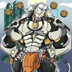 ? balls banyue_(zenless_zone_zero) baoding_balls bara big_bulge bulge dorksy flaccid humanoid lion lion_humanoid long_hair machine male male_only muscles muscular penis question_mark robot robot_anthro robot_humanoid solo solo_male zenless_zone_zero