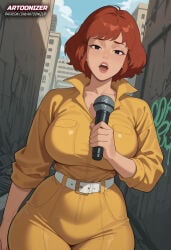 1girls ai_generated april_o'neil april_o'neil_(tmnt_1987) artoonizer belt big_ass black_eyes breasts brown_hair female female_focus female_only jumpsuit large_breasts light-skinned_female light_skin narrow_waist outdoors patreon patreon_username posing short_hair solo solo_female solo_focus teenage_mutant_ninja_turtles thick_thighs tmnt tmnt_1987 turtle yellow_shirt yellow_pants open_mouth standing looking_at_viewer microphone