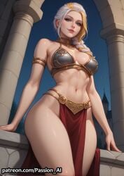 1girl ai_generated ass blonde_hair breasts female from_below jaina_proudmoore metal_bikini multicolored_hair passion_ai seductive seductive_look seductive_smile sexy_body slave_bikini slave_leia_(cosplay) slave_outfit slavekini standing warcraft white_hair world_of_warcraft
