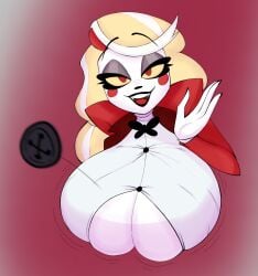 alternate_breast_size big_breasts breast_expansion breast_focus breasts_bigger_than_head bursting_breasts button_pop charlie_morningstar_(hazbin_hotel) clothed colored colored_sketch daredemon7000 ddemon7000 edit edited_art edited_by_uploader female_focus female_only hazbin_hotel huge_breasts