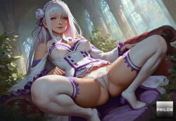 1girls emilia_(re:zero) panties underwear solo flower long_hair thighhighs purple_eyes thigh_boots breasts hair_flower hair_ornament pointy_ears braid boots white_panties hair_ribbon looking_at_viewer cameltoe ribbon crown_braid dress spread_legs indoors white_thighhighs bare_shoulders detached_sleeves white_hair squatting smile elf x_hair_ornament medium_breasts white_flower blunt_bangs couch white_footwear lips cleavage french_braid frills dutch_angle white_dress window ass grey_hair ai_generated stable_diffusion philon re:zero_kara_hajimeru_isekai_seikatsu