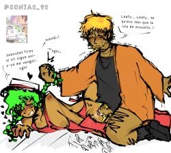 1boy 1boy1girl 1girl1boy 1girls 2d battle_for_dream_island bfdi bfdia blush blushing blushing_female blushing_male boobs_out color colored cum cum_drip cum_inside female female_penetrated firey_(bfdi) gijinka green_hair hair_pull holding_pigtails humanized leafy_(bfdi) male male_penetrating male_penetrating_female object_show object_shows onomatopoeia osc penetration plap plap_(sound) pretzel_position semi_nude sex sonia0_90 spanish_text spread_legs squirting straight straight_sex text translation_request twitter_username vaginal_penetration wet wet_pussy white_background