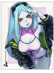 rebecca_(edgerunners) cyberpunk:_edgerunners cyberpunk_(series) female female_only female_focus 1girls looking_at_viewer tight_clothing tank_top panties pink_panties red_sclera green_hair long_hair jacket tagme tattoo white_skin colored_skin colored_sclera mouth_open omar_dogan