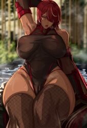 alecto_0 absurd_res 2025 final_fantasy final_fantasy_xiv hyur avatar_(ff14) warrior_of_light_(ff14) akasha_xueqi 1girls female female_only solo sitting detailed_background hot_spring looking_at_viewer hand_behind_head kunoichi red_hair long_hair very_long_hair blush hair_over_one_eye amber_eyes big_breasts nipple_bulge cameltoe thick_thighs fishnet_stockings fishnets big_thighs