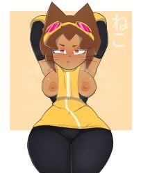 1girl 1girls arms_up blush breasts breasts_out brown_hair cat_ears cat_tail catgirl gameoverse glitch_productions goggles goggles_on_head goldenisbunny half-closed_eyes kit_(gameoverse) kit_bodega large_breasts large_thighs nipples
