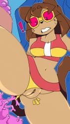 1girl 1girls accident accidental_circumstance accidental_exposure brown_hair cat_girl catgirl coral embarrassed embarrassed_female exposed_pussy gameoverse glitch_productions goggles kit_(gameoverse) kit_bodega large_breasts lavabutts panties_aside panty_pull pussy swimsuit vagina