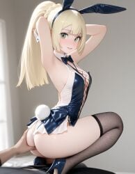 lillie_(pokemon) blonde_female green_eyes ponytail bunnysuit bunny_girl slutty_female slutty_body sexy_pose prostitution tempting tempting_viewer small_breasts heavenly_body petite_female skinny_female slim_girl high_heels bare_legs ai_generated grabbing_from_behind